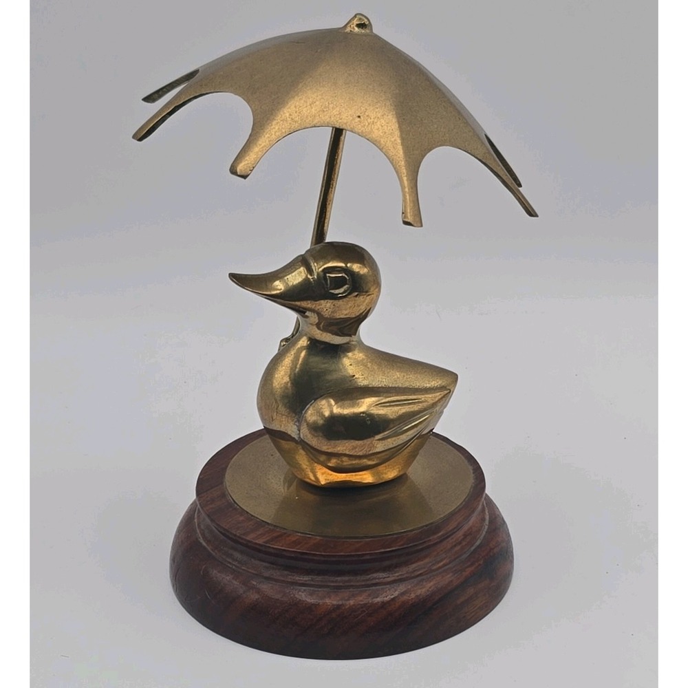 Brass Colored Duck Figurine Holding Umbrella Wood Base Vintage Made in India